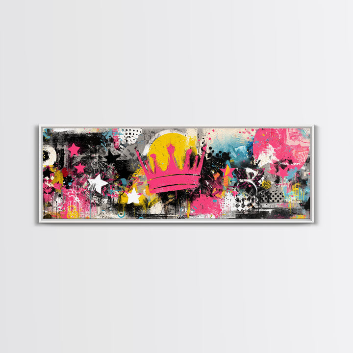 Abstract Crown and Stars Framed Canvas Print, Graffiti Art, Wall Decor, Living Room Decor, Abstract Art, Street, Canvas Art, GRF-3x1-59