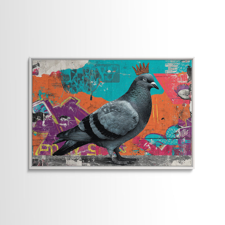 City Pigeon with Crown in Street Art Framed Canvas Print, Graffiti Art, Contemporary Art, Living Room Decor, Fine Art, Street, GRF-3x2-39