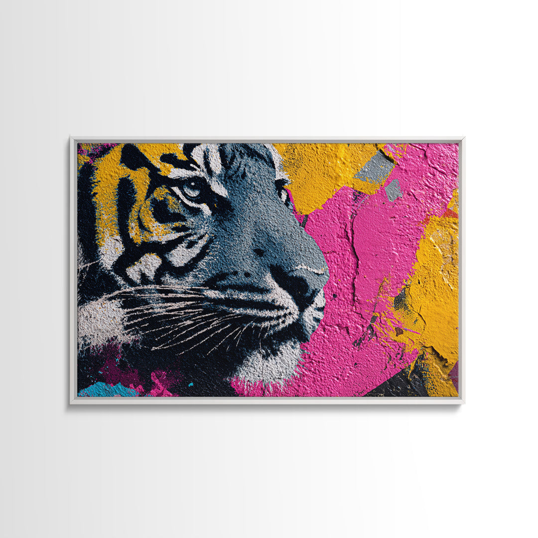Urban Tiger Portrait Framed Canvas Print, Graffiti Art, Original Painting, Living Room Decor, Fine Art, Street, Unique Wall Art, GRF-3x2-7