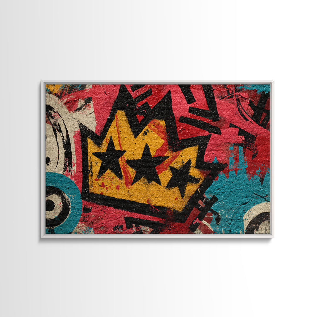 Abstract Crown and Stars Framed Canvas Print, Graffiti Art, Above Bed Decor, Living Room Decor, Abstract Art, Street, GRF-3x2-71