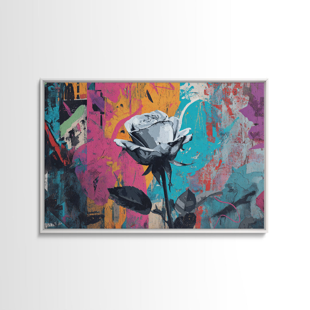 Graffiti Rose Blooming from Concrete Crack Canvas Print, Graffiti Art, Neutral Decor, Living Room Decor, Fine Art, Street, GRF-3x2-73
