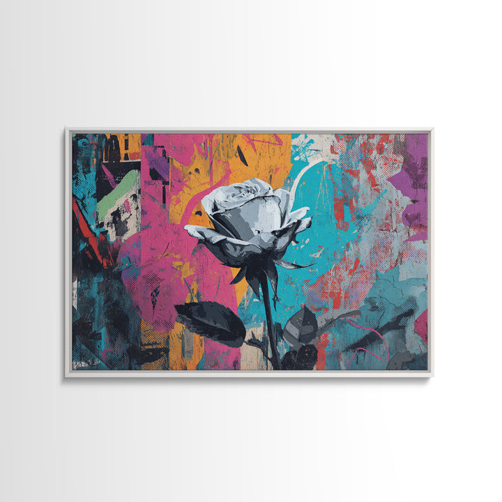 Graffiti Rose Blooming from Concrete Crack Canvas Print, Graffiti Art, Neutral Decor, Living Room Decor, Fine Art, Street, GRF-3x2-73