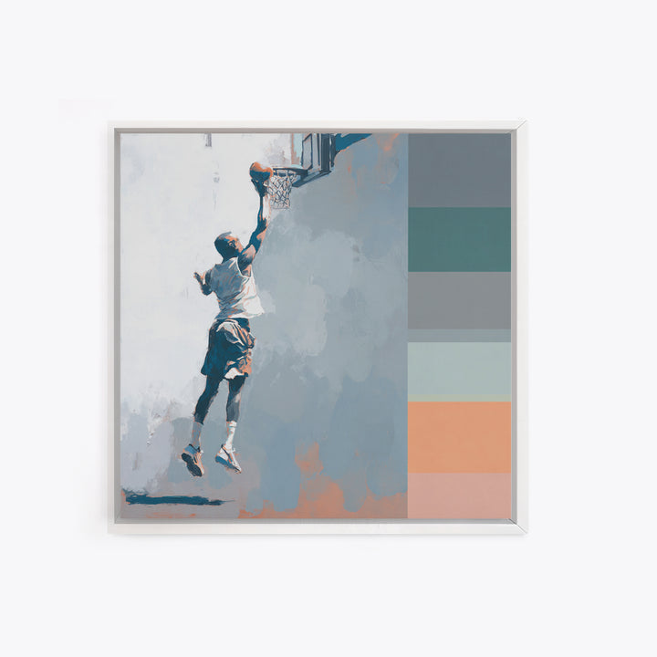 Basketball Player Dunking Through Bold Color Canvas Print, Gym Art, Speakeasy Art, Gym Decor, Oil Painting, Strength, GYM-1x1-30