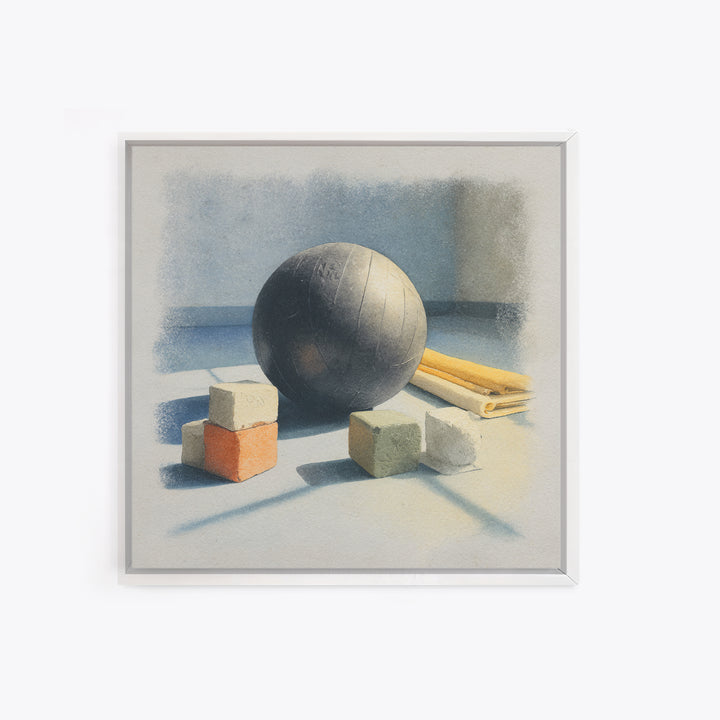 Medicine Ball and Chalk Still Life Framed Canvas Print, Gym Art, Wall Decoration, Gym Decor, Fine Art, Strength, Speakeasy Art, GYM-1x1-47