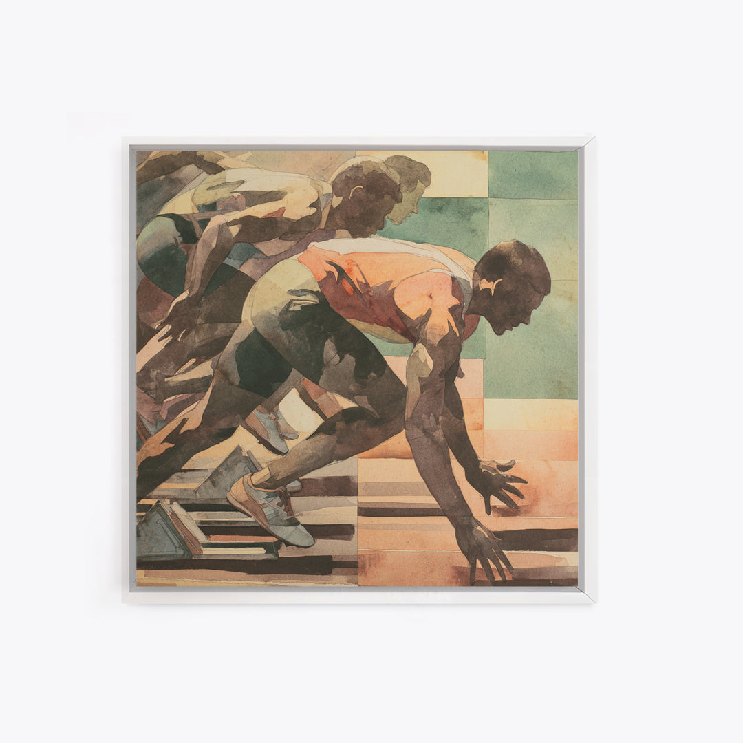 Sprinter Exploding from Starting Blocks Framed Canvas Print, Gym Art, Speakeasy Art, Gym Decor, Oil Painting, Strength, GYM-1x1-51