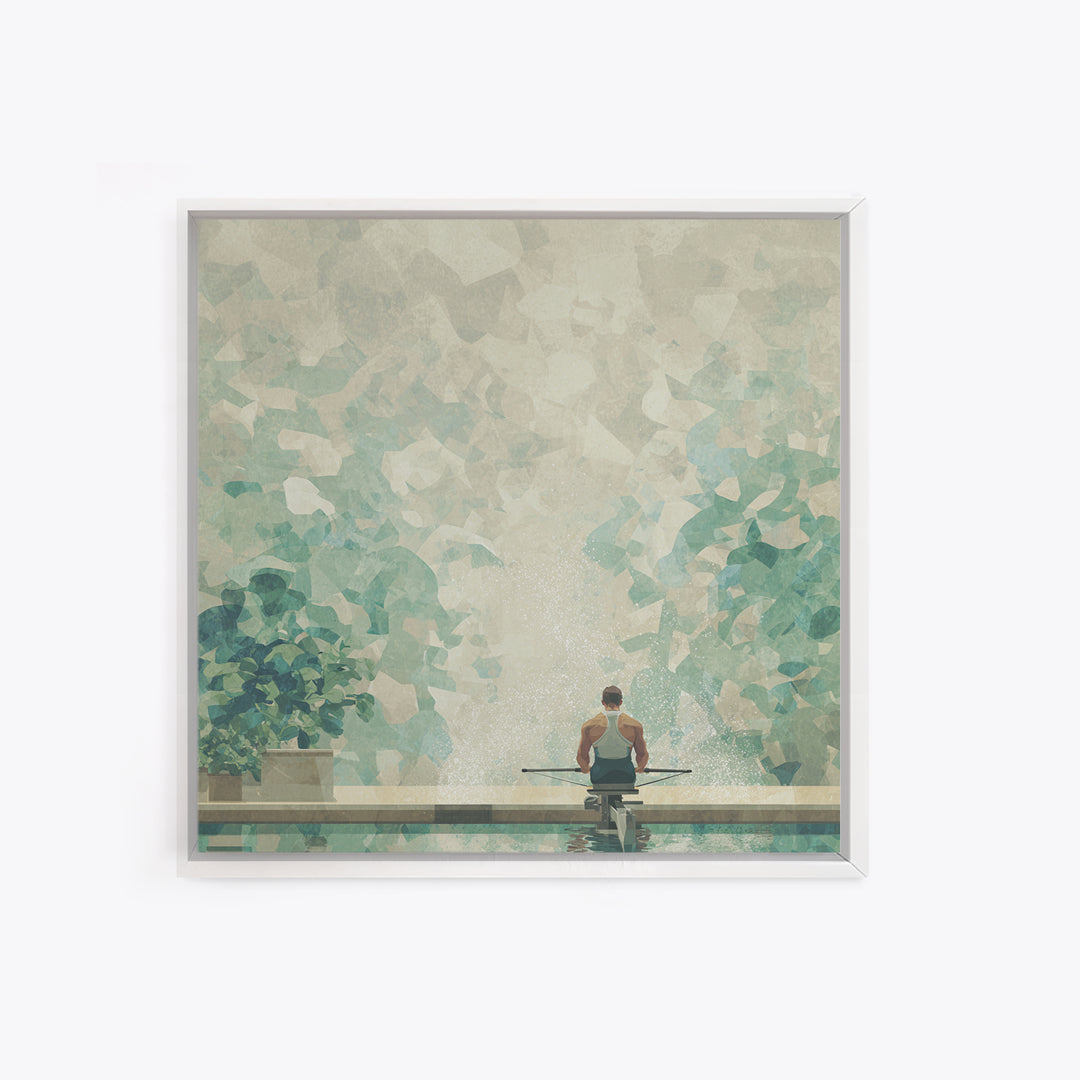 Rowing Athlete with Water Spray and Rhythm Framed Canvas Print, Gym Art, Boho Decor, Gym Decor, Oil Painting, Strength, GYM-1x1-61