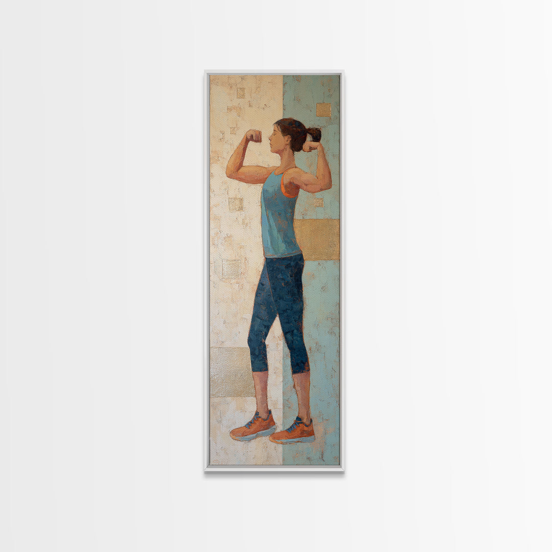 Female Weightlifter with Triumphant Stance Framed Canvas Print, Gym Art, Man Cave Decor, Gym Decor, Fine Art, Strength, GYM-1x3-19