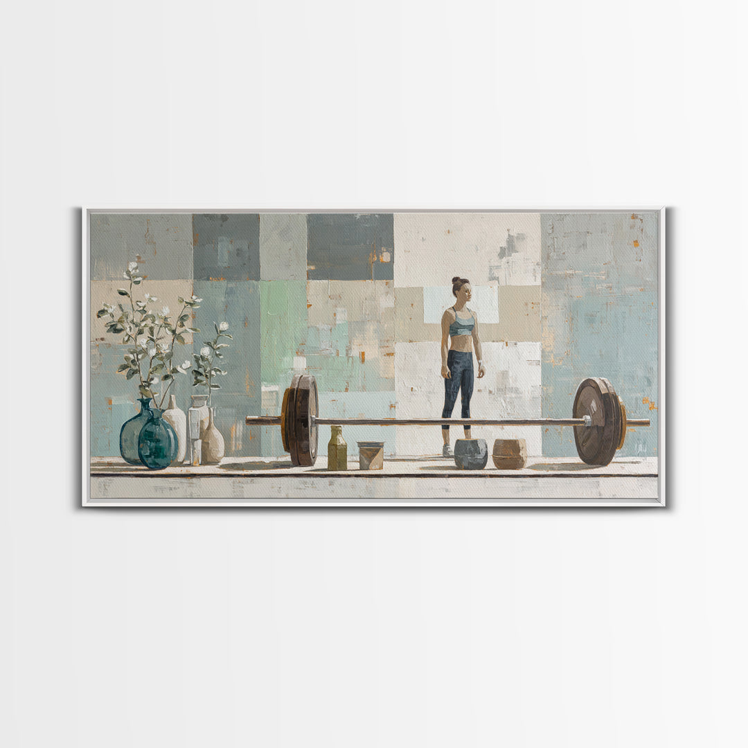 Female Weightlifter with Triumphant Stance Framed Canvas Print, Gym Art, Boho Decor, Gym Decor, Oil Painting, Strength, GYM-2x1-27