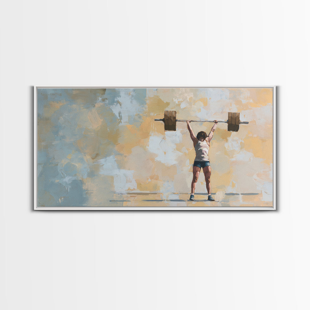 Female Weightlifter with Triumphant Stance Framed Canvas Print, Gym Art, Man Cave Decor, Gym Decor, Fine Art, Strength, GYM-2x1-3