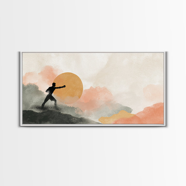 Powerful Boxer Silhouette Framed Canvas Print, Gym Art, Man Cave Decor, Gym Decor, Fine Art, Strength, Home Gym Decor, GYM-2x1-45