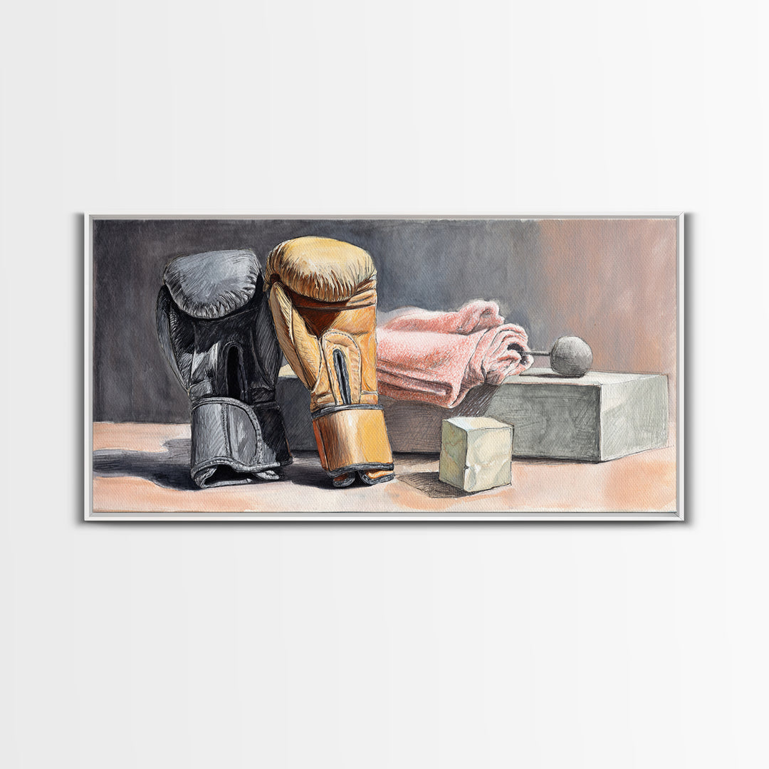 Boxing Glove and Towel Still Life Framed Canvas Print, Gym Art, Living Room Decor, Gym Decor, Oil Painting, Strength, GYM-2x1-60