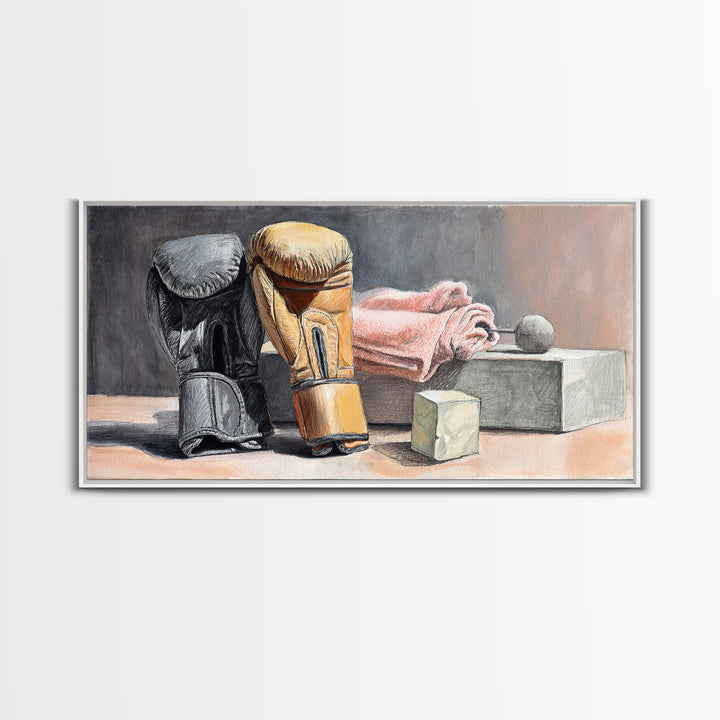 Boxing Glove and Towel Still Life Framed Canvas Print, Gym Art, Living Room Decor, Gym Decor, Oil Painting, Strength, GYM-2x1-60