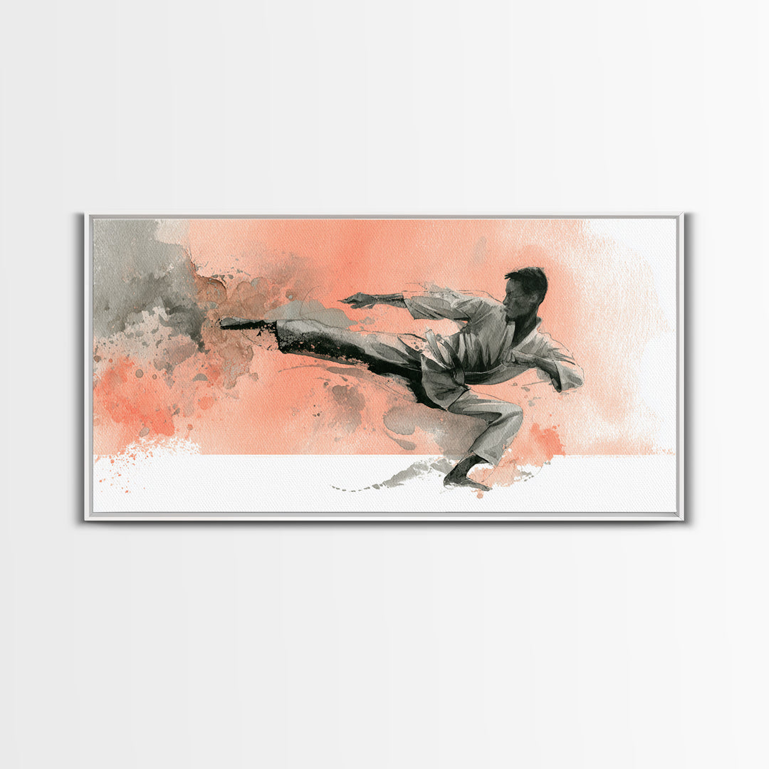 Martial Artist Kick Painted Framed Canvas Print, Gym Art, Printable Wall Art, Gym Decor, Fine Art, Strength, Sports Decor, GYM-2x1-7