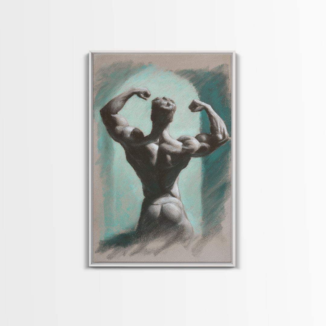 Bodybuilder Pose Rendered Framed Canvas Print, Gym Art, Living Room Decor, Gym Decor, Oil Painting, Strength, Sports Poster, GYM-2x3-12