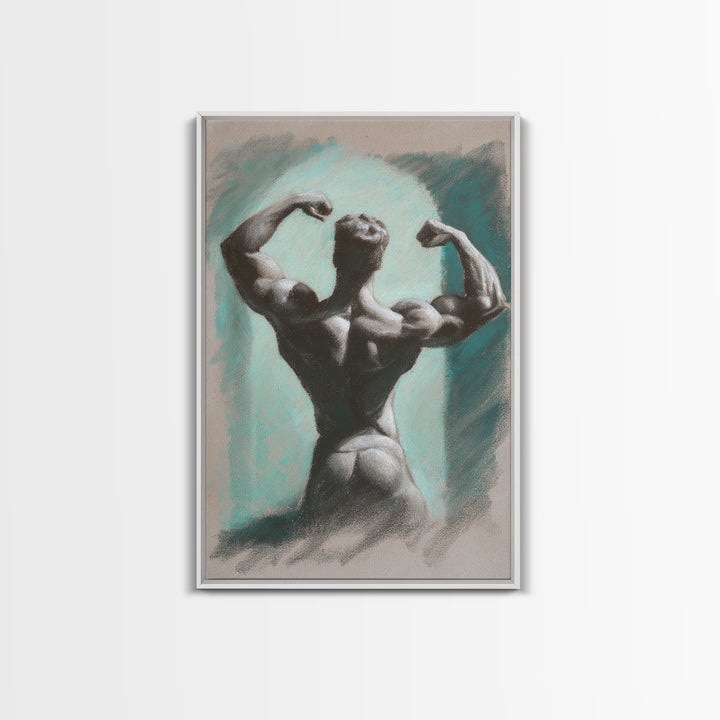 Bodybuilder Pose Rendered Framed Canvas Print, Gym Art, Living Room Decor, Gym Decor, Oil Painting, Strength, Sports Poster, GYM-2x3-12
