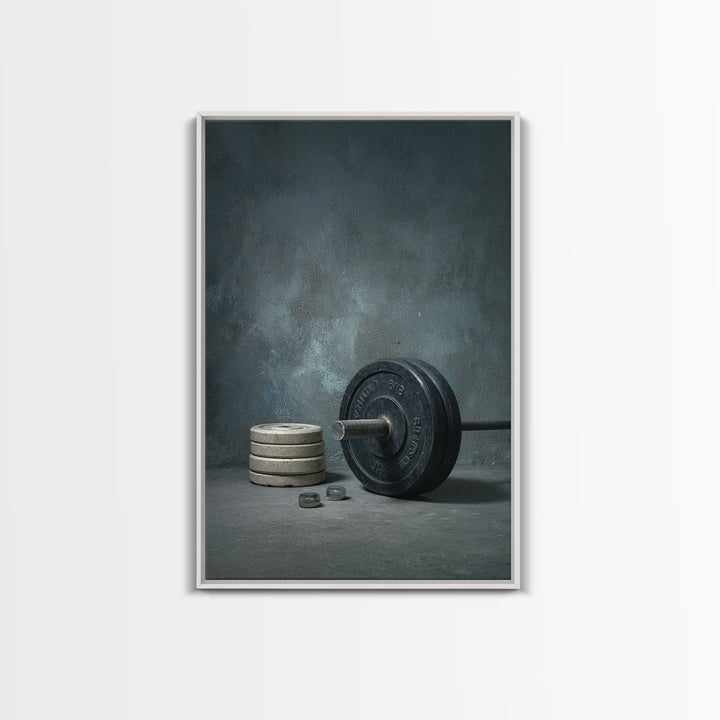 Barbell and Plates Framed Canvas Print, Gym Art, Printable Wall Art, Gym Decor, Fine Art, Strength, Sports Decor, Cool Posters, GYM-2x3-34
