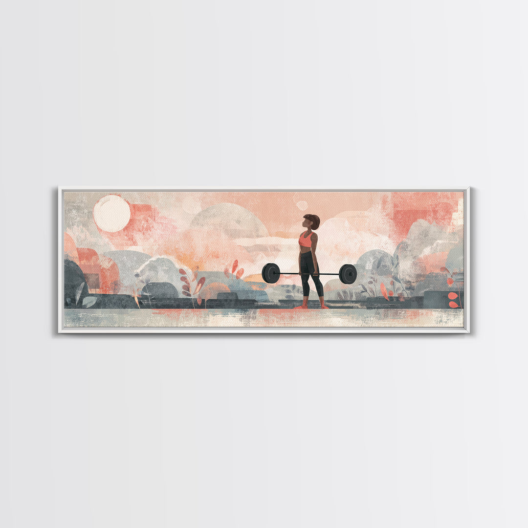 Female Weightlifter with Triumphant Stance Framed Canvas Print, Gym Art, Art Print, Gym Decor, Strength, Abstract Wall Art, GYM-3x1-23