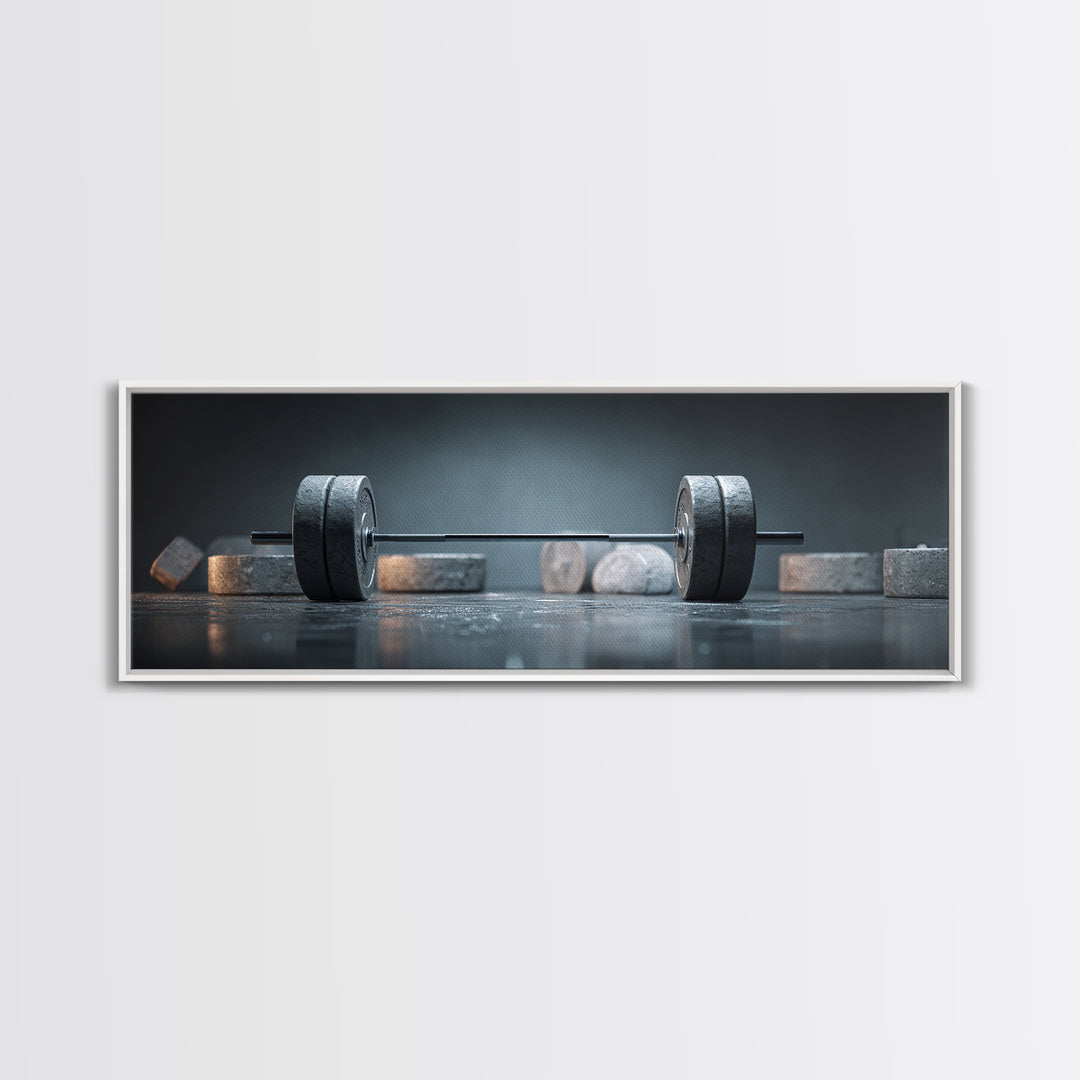 Barbell and Plates Framed Canvas Print, Gym Art, Gym Decor, Fine Art, Strength, Luxury Decor, Art Print, Room Decor, GYM-3x1-90