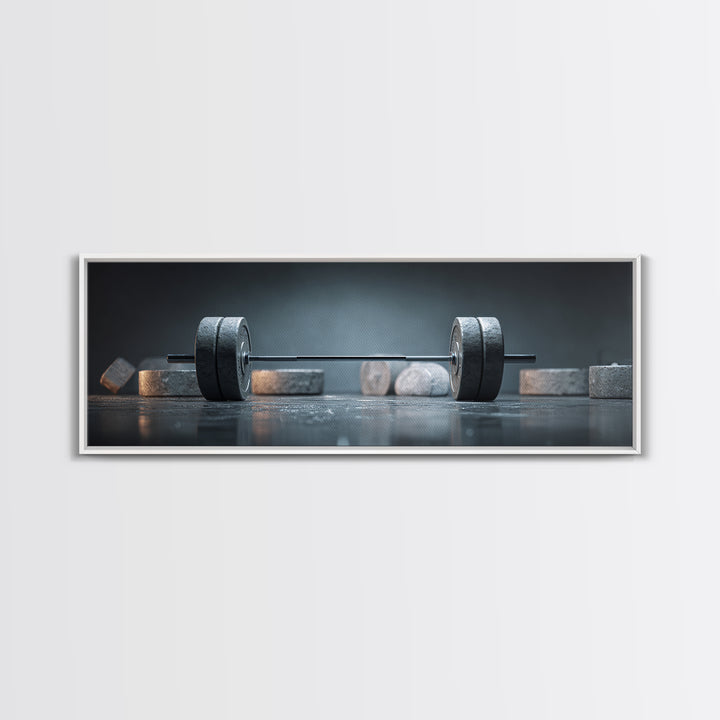 Barbell and Plates Framed Canvas Print, Gym Art, Gym Decor, Fine Art, Strength, Luxury Decor, Art Print, Room Decor, GYM-3x1-90