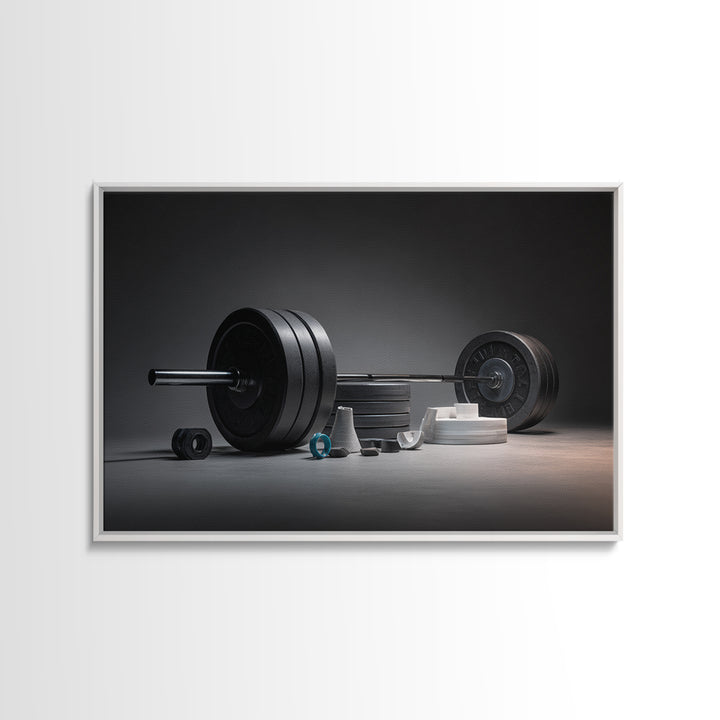 Barbell and Plates Framed Canvas Print, Gym Art, Wall Decoration, Gym Decor, Fine Art, Strength, Speakeasy Art, Home Gym Sign, GYM-3x2-6