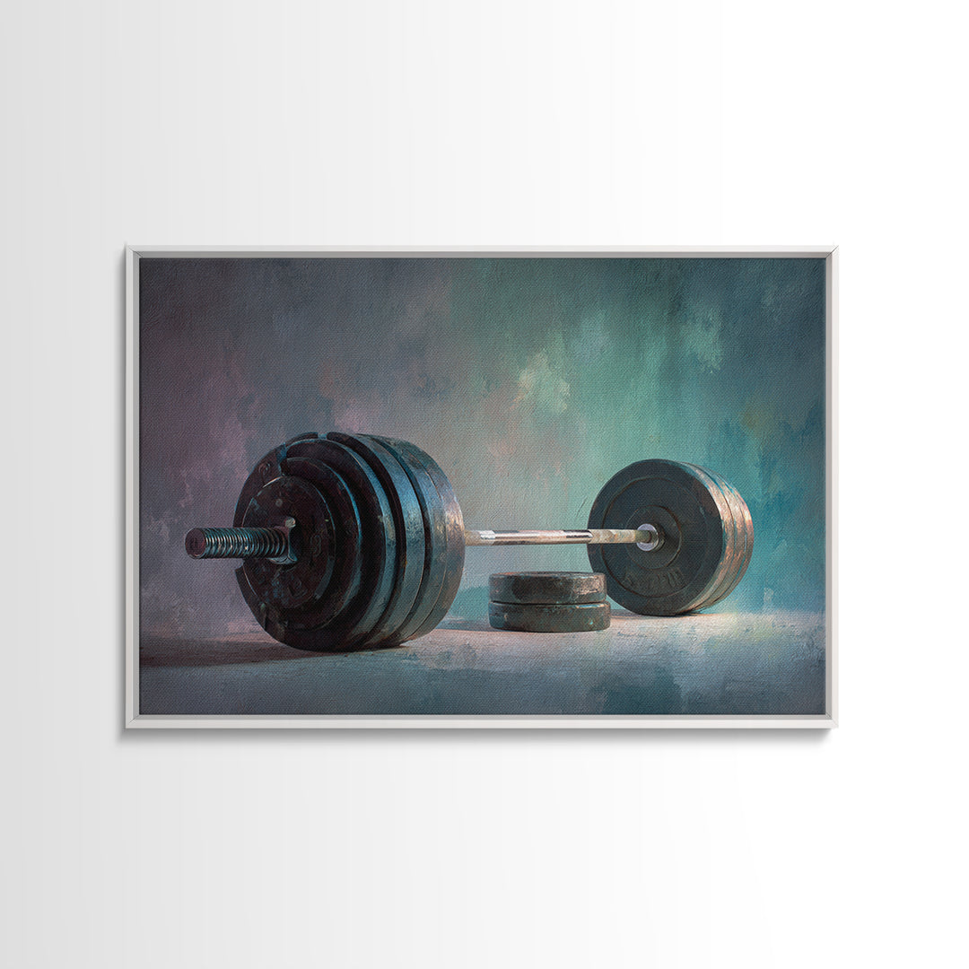 Barbell and Plates Framed Canvas Print, Gym Art, Framed Canvas, Gym Decor, Fine Art, Strength, Textured Painting, GYM-3x2-78