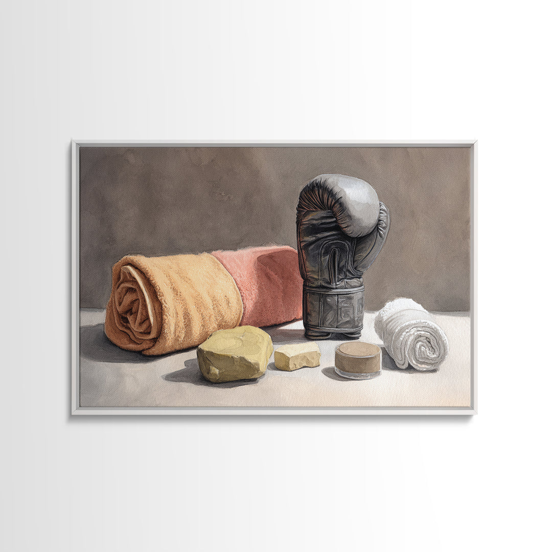 Boxing Glove and Towel Still Life Framed Canvas Print, Gym Art, Print, Gym Decor, Fine Art, Strength, Wall Decoration, GYM-3x2-92