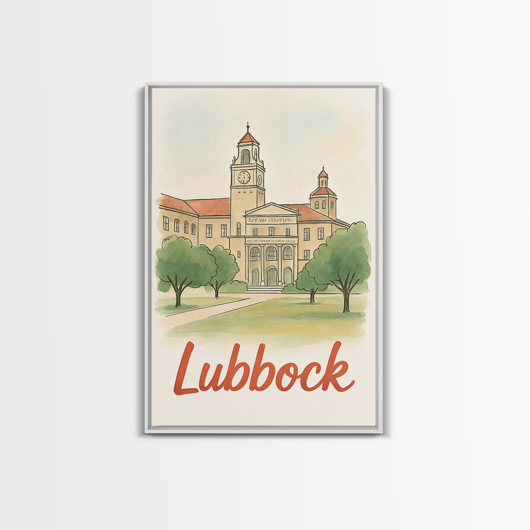 Lubbock Texas Travel Poster, Canvas Print, Watercolor City Skyline Art, Lubbock Art Print, Travel Poster Art, Home Office Decor, Wall Art