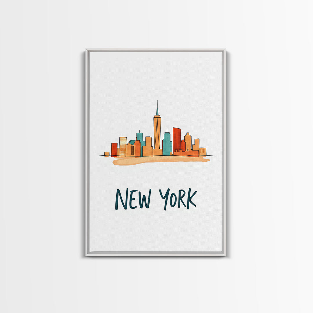 New York Travel Poster, Framed Canvas Print, Soft Sketch Travel Art, New York Art Print, Vintage Travel Print, City Travel Prints