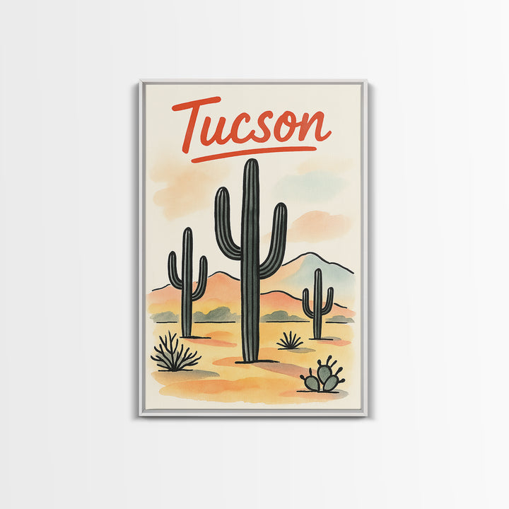 Tucson Travel Poster, Framed Canvas Print, Watercolor Urban Skyline Art, Tucson Travel Art, Gift For Travelers, City Travel Prints