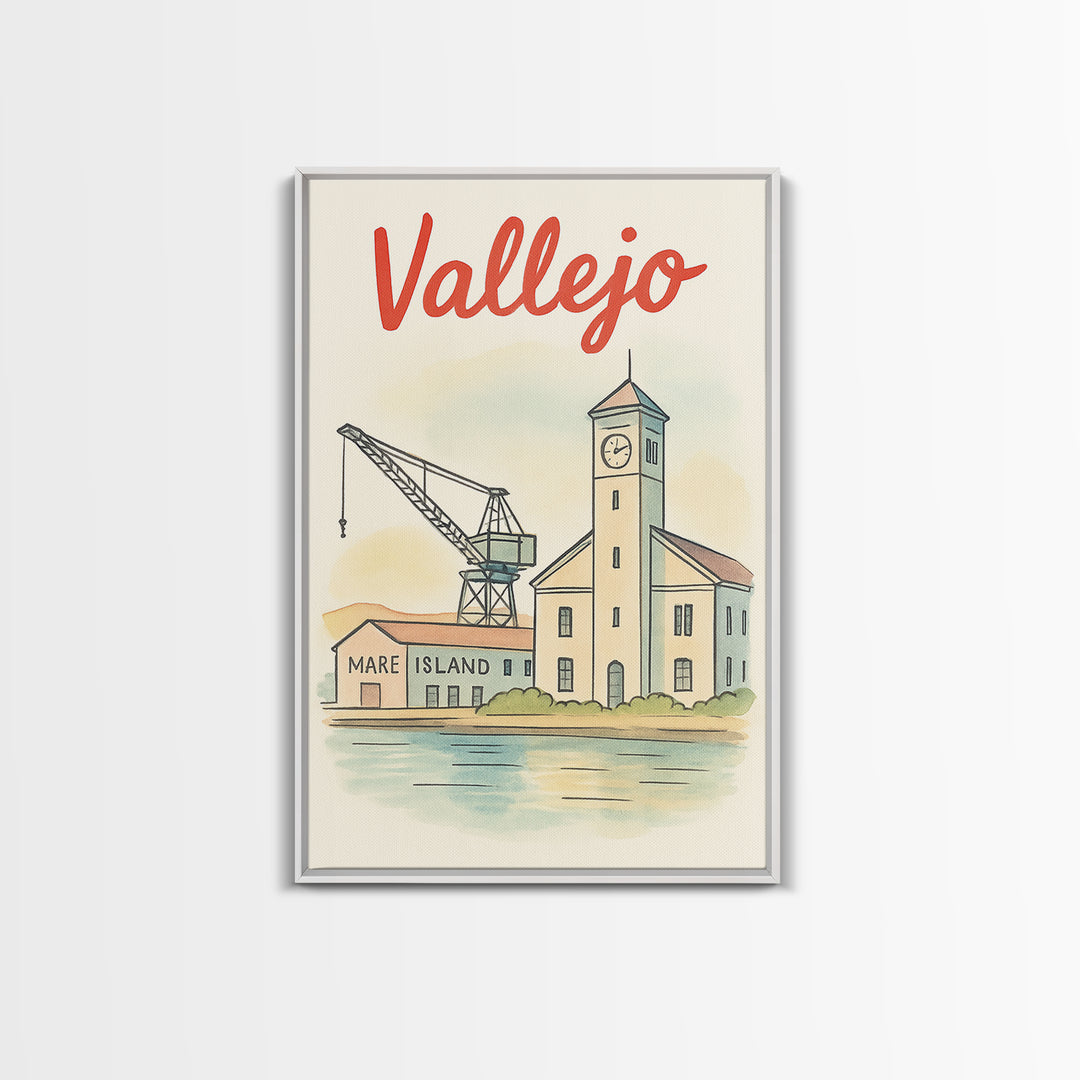 Vallejo California Travel Poster, Canvas Print, Hand Drawn Watercolor Art, Vallejo Poster Print, City Travel Prints, Retro Travel Print