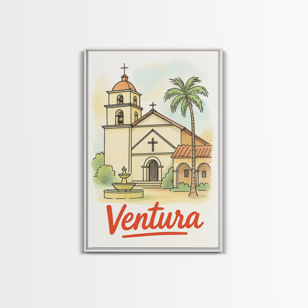 Ventura California Travel Poster, Framed Canvas Print, Illustrated City Wall Art, Ventura City Art, Travel Poster Art, Gift For Travelers