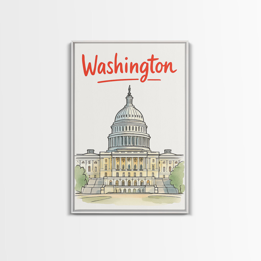 Washington Travel Poster, Framed Canvas Print, Soft Sketch Travel Art, Washington Poster Print, Travel Poster Art, City Illustration