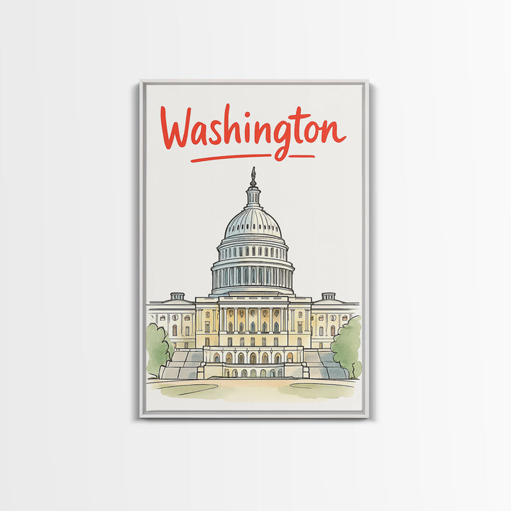 Washington Travel Poster, Framed Canvas Print, Soft Sketch Travel Art, Washington Poster Print, Travel Poster Art, City Illustration