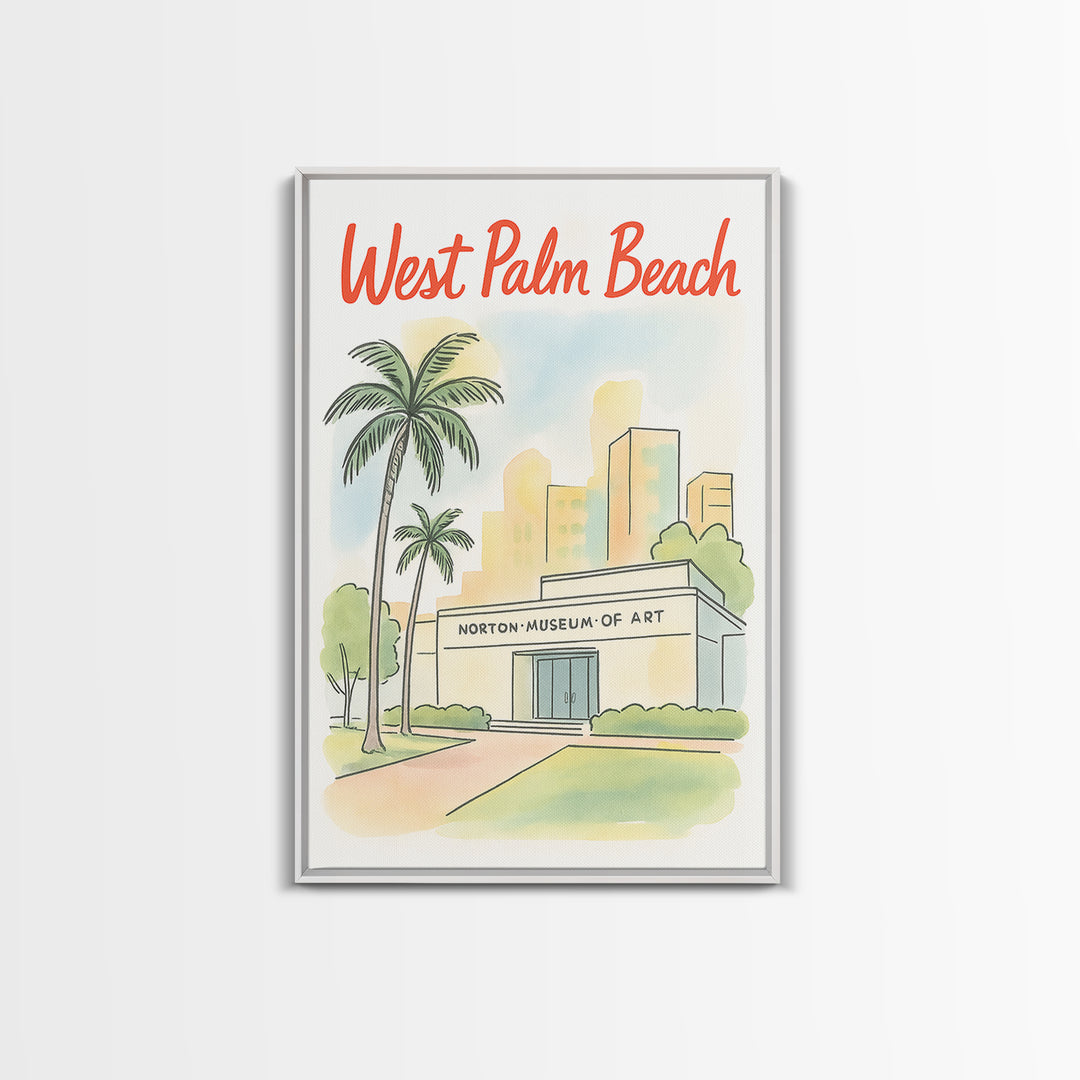 West Palm Beach Travel Poster, Framed Canvas Print, Hand Drawn Watercolor Art, West Palm Beach Wall Art, Travel Wall Decor, Fine Art Print