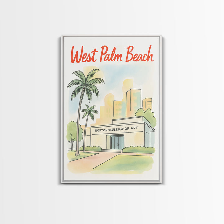 West Palm Beach Travel Poster, Framed Canvas Print, Hand Drawn Watercolor Art, West Palm Beach Wall Art, Travel Wall Decor, Fine Art Print