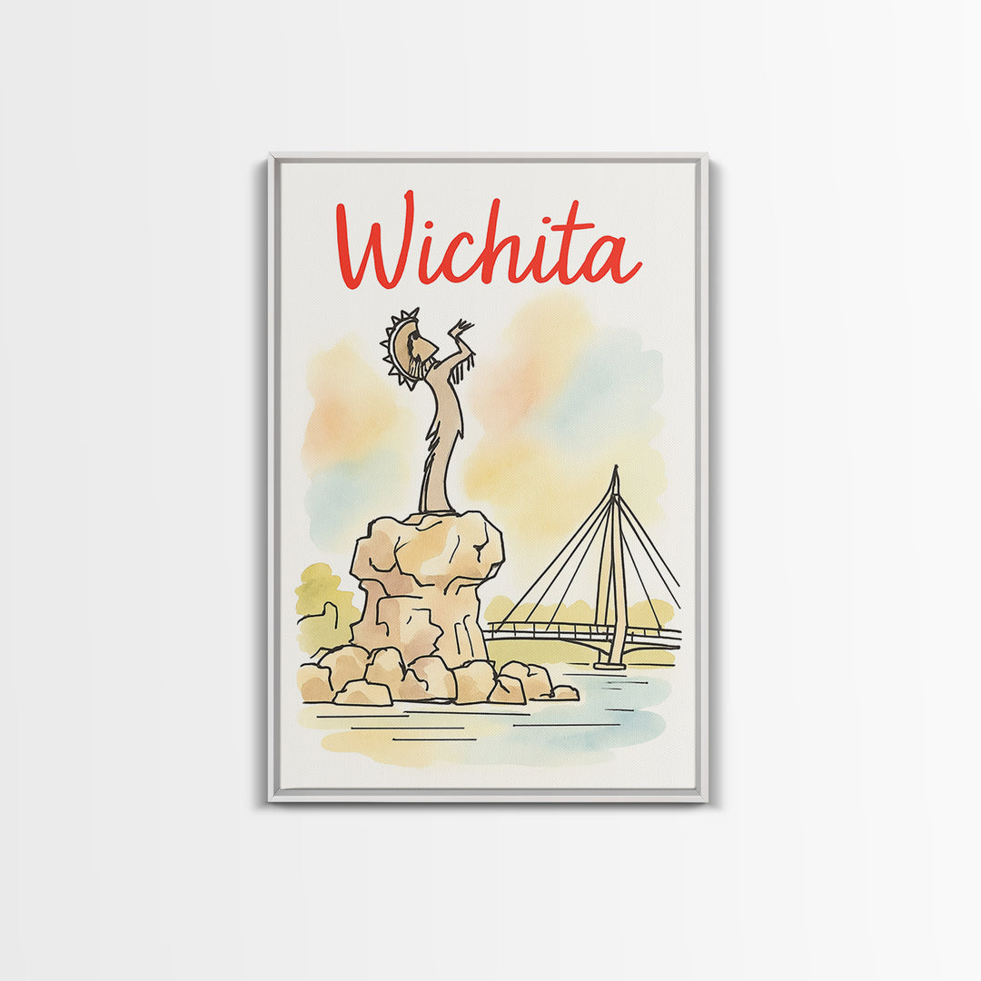 Wichita Travel Poster, Framed Canvas Print, Illustrated City Wall Art, Wichita Art Print, Mid Century Wall Art, Travel Wall Art