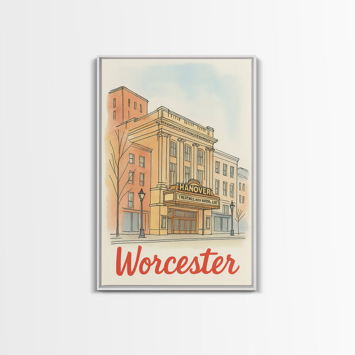 Worcester Massachusetts Travel Poster, Canvas Print, Illustrated City Wall Art, Worcester Art Print, Travel Art, Mid Century Wall Art
