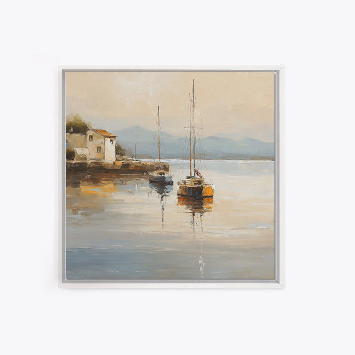 Quiet Harbor with Sailboats at Dawn Canvas Print, Hotel Art, Coastal Wall Art, Hotel Decor, Oil Painting, Boutique, HOT-1x1-22
