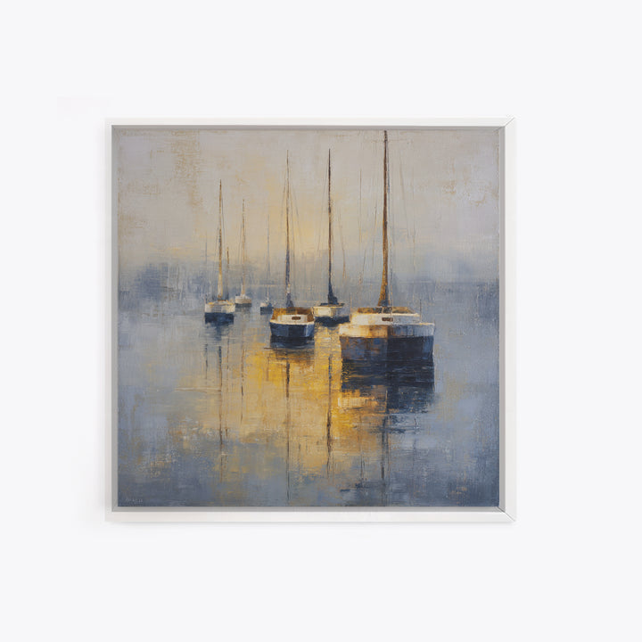 Quiet Harbor with Sailboats at Dawn Framed Canvas Print, Hotel Art, Gallery Wall Set, Hotel Decor, Fine Art, Boutique, HOT-1x1-46