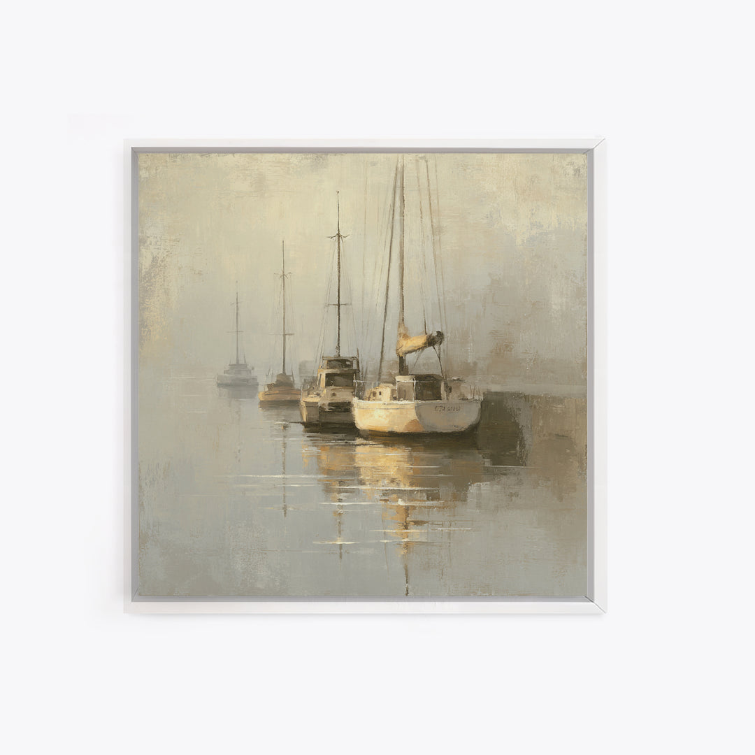 Quiet Harbor with Sailboats at Dawn Framed Canvas Print, Hotel Art, Gallery Wall Set, Hotel Decor, Fine Art, Boutique, HOT-1x1-70