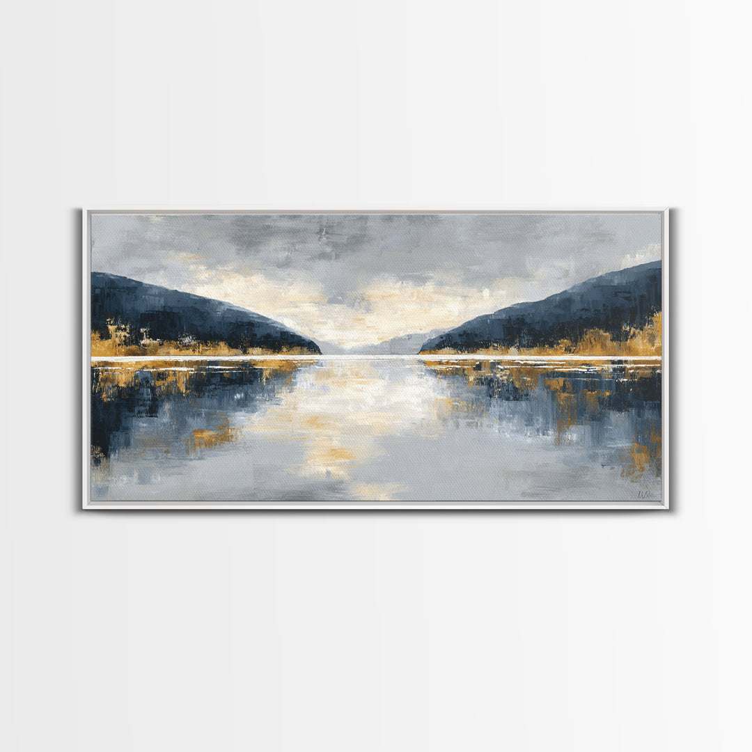 Serene Mountain Lake for Boutique Hotel Mood Framed Canvas Print, Hotel Art, Coastal Decor, Hotel Decor, Oil Painting, Boutique, HOT-2x1-100