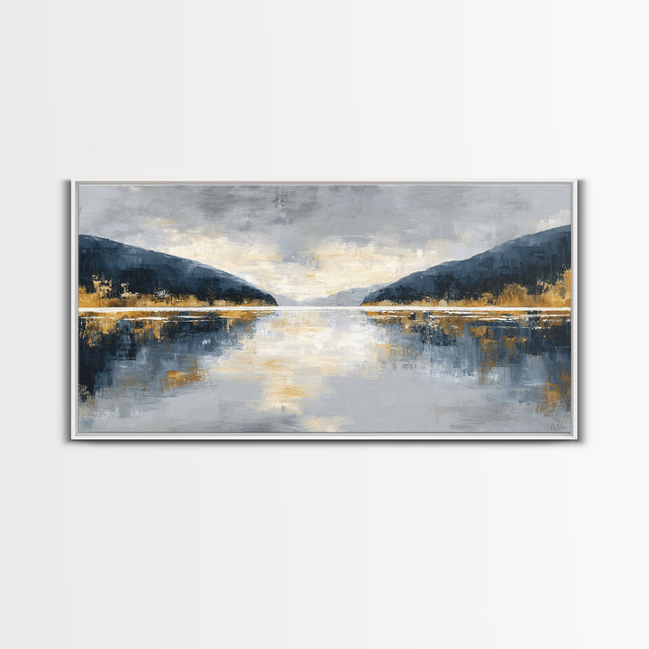Serene Mountain Lake for Boutique Hotel Mood Framed Canvas Print, Hotel Art, Coastal Decor, Hotel Decor, Oil Painting, Boutique, HOT-2x1-100