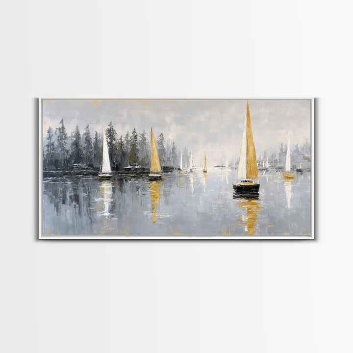 Quiet Harbor with Sailboats at Dawn Framed Canvas Print, Hotel Art, Room Decor, Hotel Decor, Fine Art, Boutique, Art Print, HOT-2x1-18