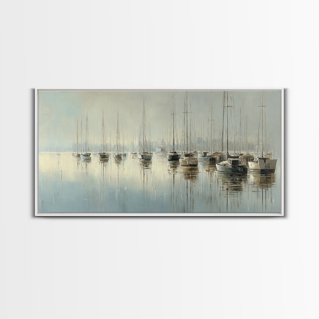 Quiet Harbor with Sailboats at Dawn Framed Canvas Print, Hotel Art, Room Decor, Hotel Decor, Fine Art, Boutique, Art Print, HOT-2x1-42