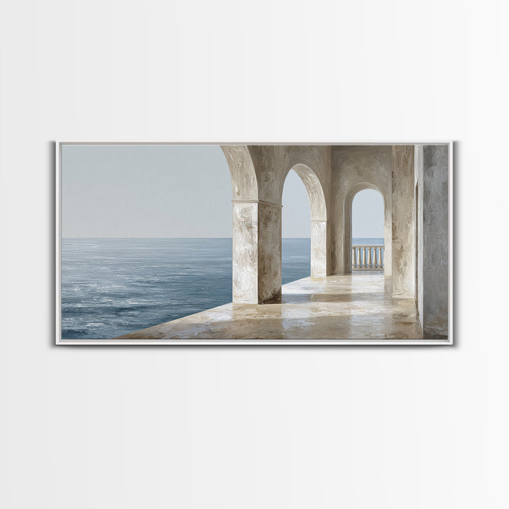 Mediterranean Terrace View Focused on Sea and Framed Canvas Print, Hotel Art, Painting, Hotel Decor, Fine Art, Boutique, HOT-2x1-7