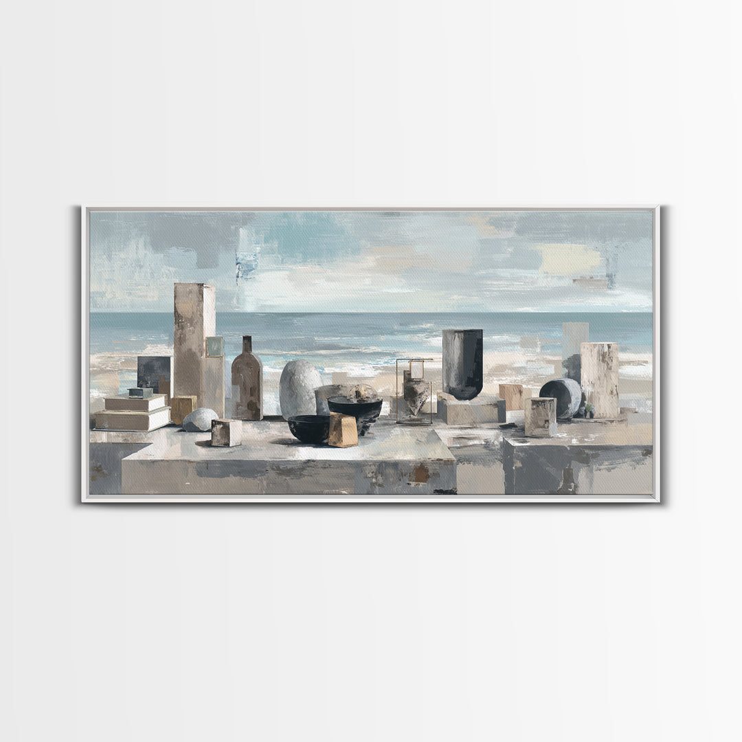 Mediterranean Terrace View Focused on Sea and Framed Canvas Print, Hotel Art, Travel Poster, Hotel Decor, Fine Art, Boutique, HOT-2x1-79