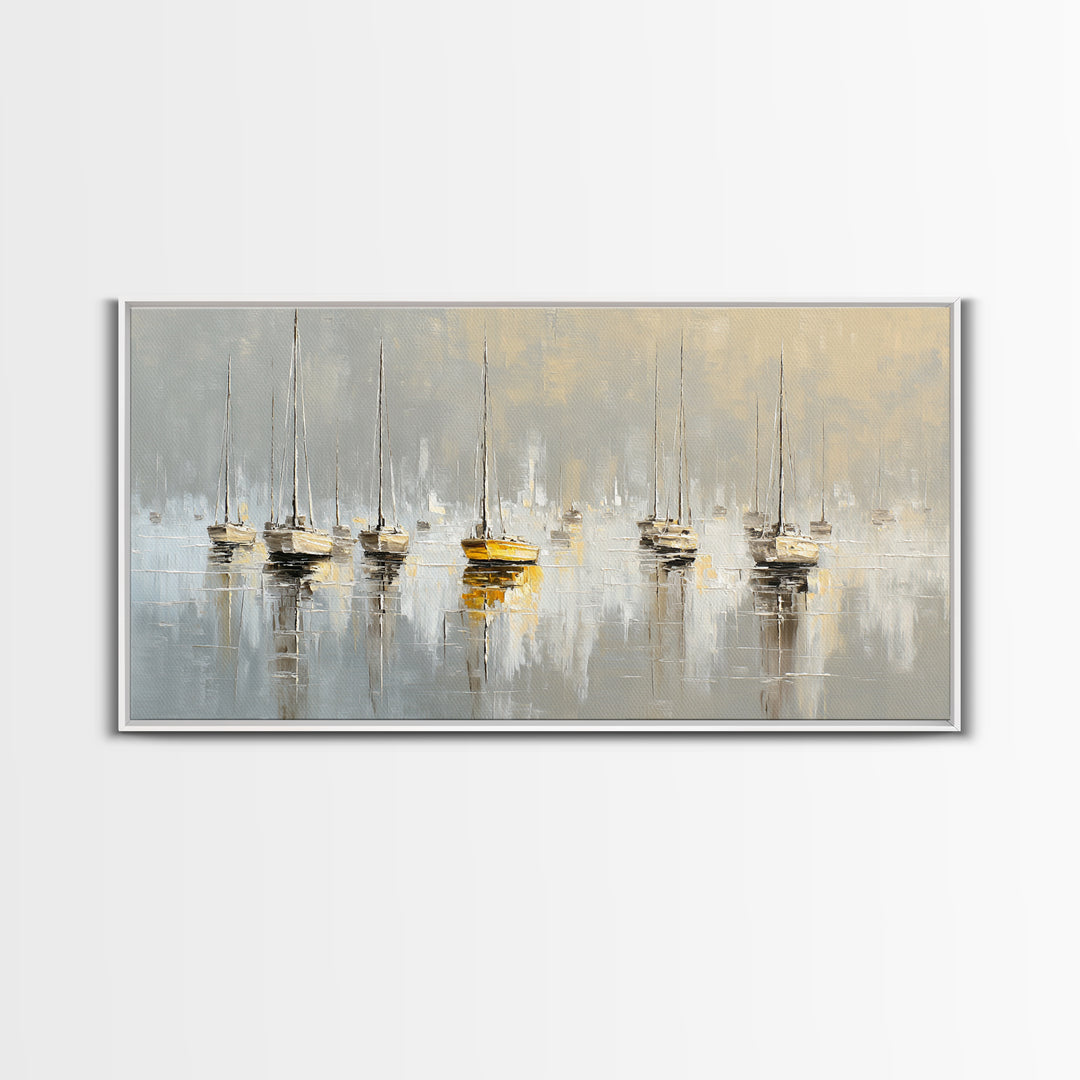 Quiet Harbor with Sailboats at Dawn Framed Canvas Print, Hotel Art, Hotel Decor, Oil Painting, Boutique, Modern Wall Art, HOT-2x1-90