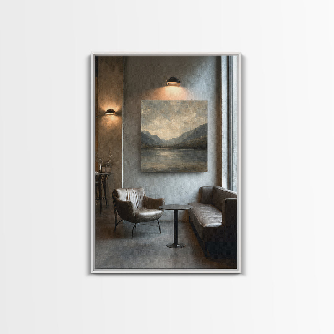 Serene Mountain Lake for Boutique Hotel Mood Framed Canvas Print, Hotel Art, Painting, Hotel Decor, Fine Art, Boutique, HOT-2x3-64