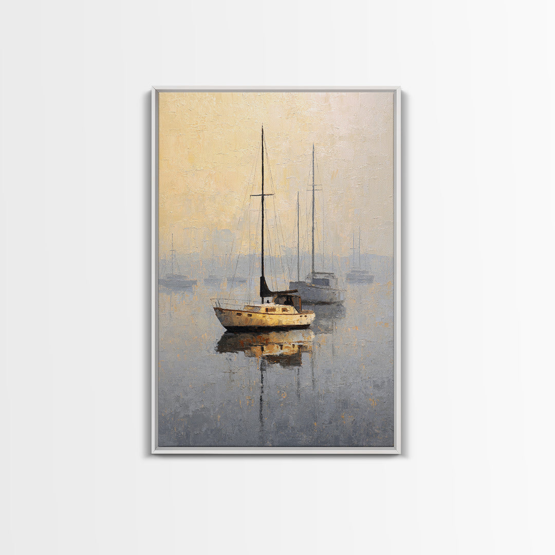 Quiet Harbor with Sailboats at Dawn Framed Canvas Print, Hotel Art, Mid Century Modern, Hotel Decor, Fine Art, Boutique, HOT-2x3-78