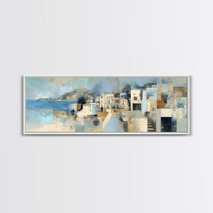Mediterranean Terrace View Focused on Sea and Framed Canvas Print, Hotel Art, Textured Painting, Hotel Decor, Boutique, HOT-3x1-27